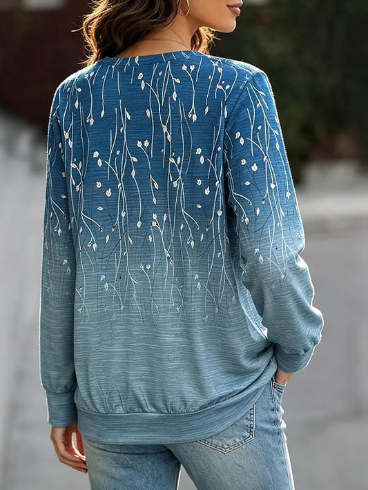 Women's Gradient Branch Leaf Print Long Sleeve Shirt With Pockets