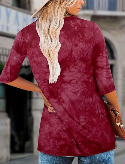 Women's Round Neck Pleated 3/4 Sleeve Tunic Top