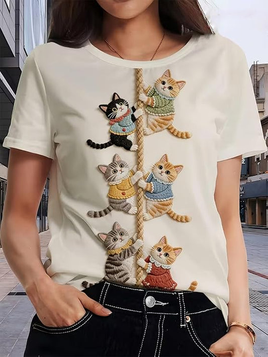 Women, Funny Kitten Climbing Rope Printed T-Shirt