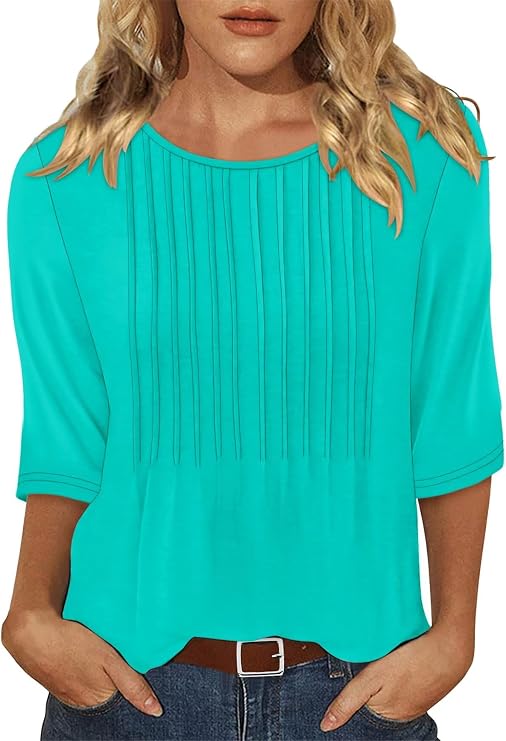 Women's Round Neck Pleated 3/4 Sleeve Tunic Top