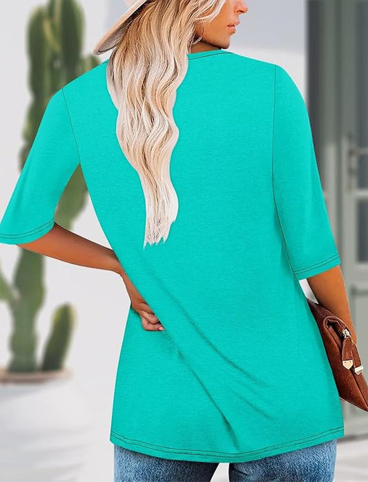 Women's Round Neck Pleated 3/4 Sleeve Tunic Top