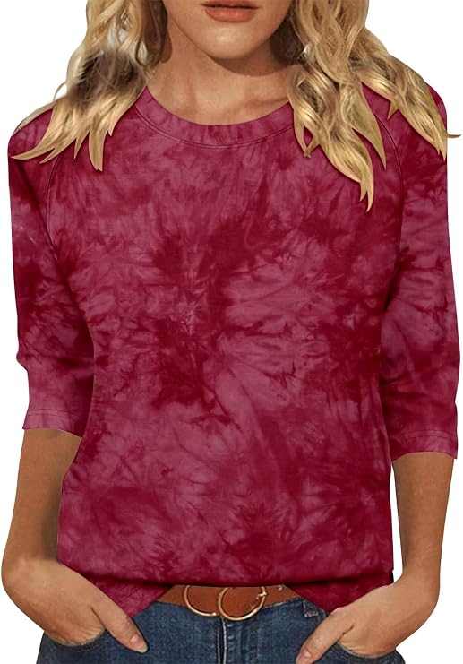 Women's Round Neck Pleated 3/4 Sleeve Tunic Top