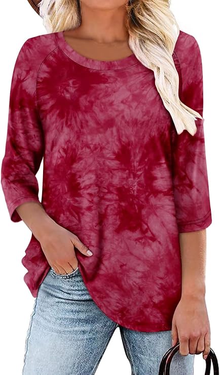 Women's Round Neck Pleated 3/4 Sleeve Tunic Top