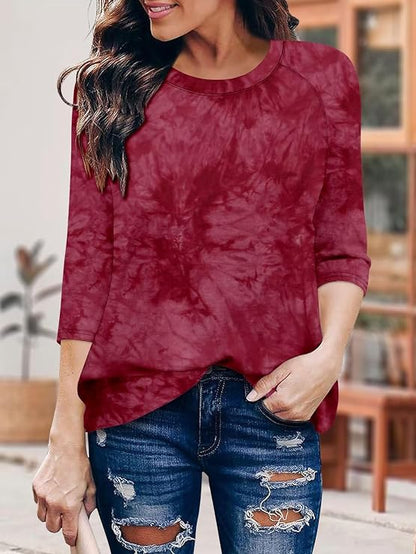 Women's Round Neck Pleated 3/4 Sleeve Tunic Top